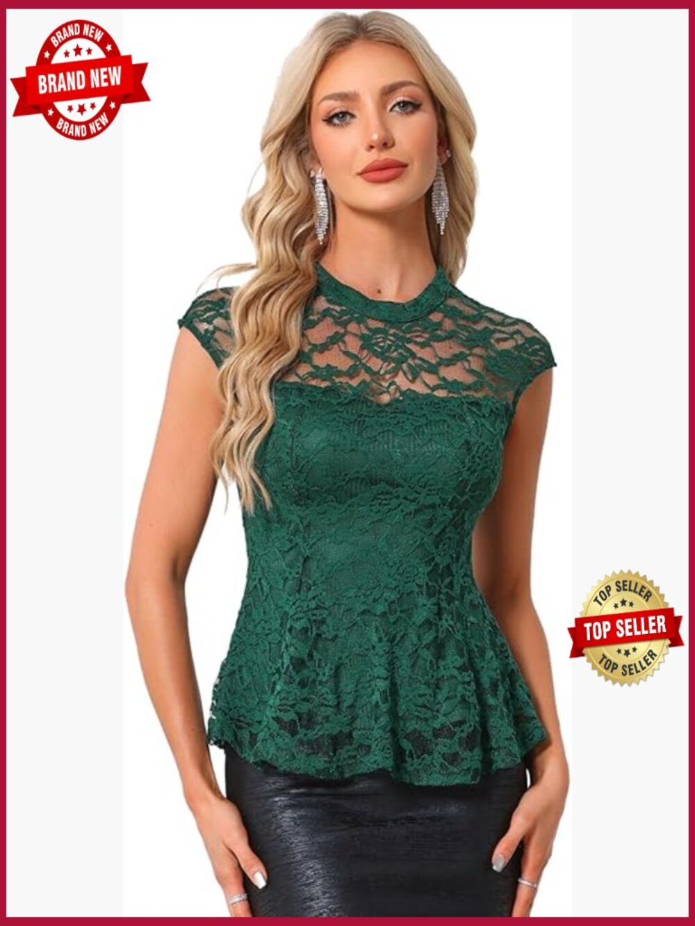 Women's Peplum Lace Blouse Mock Neck Short Sleeve Party Top